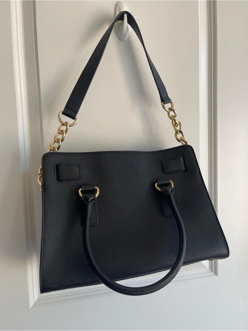 Michael Kors Black Leather Satchel with Gold-Tone Chain and Lock - Picture 2 of 5